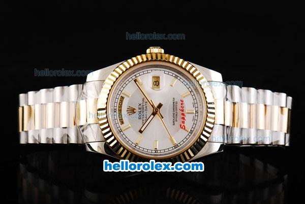 Rolex Day-Date II Oyster Perpetual Automatic Movement Two Tone with Gold Bezel and White Dial-Stick Markers - Click Image to Close